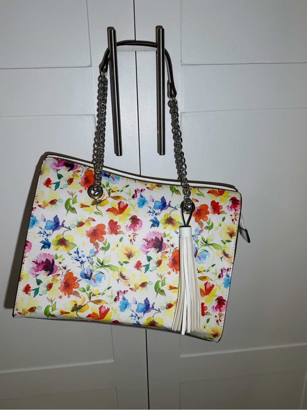 Carlos Santana Floral Large Shoulder Bag with Tassel - White